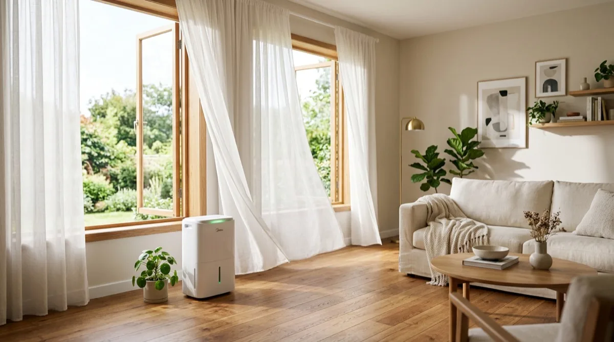 Bright, freshly aired living room in a St. Louis home after odor-source cleaning